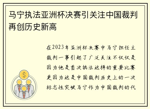 马宁执法亚洲杯决赛引关注中国裁判再创历史新高