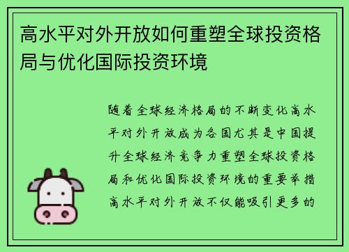 高水平对外开放如何重塑全球投资格局与优化国际投资环境