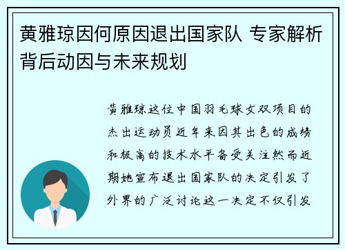 黄雅琼因何原因退出国家队 专家解析背后动因与未来规划